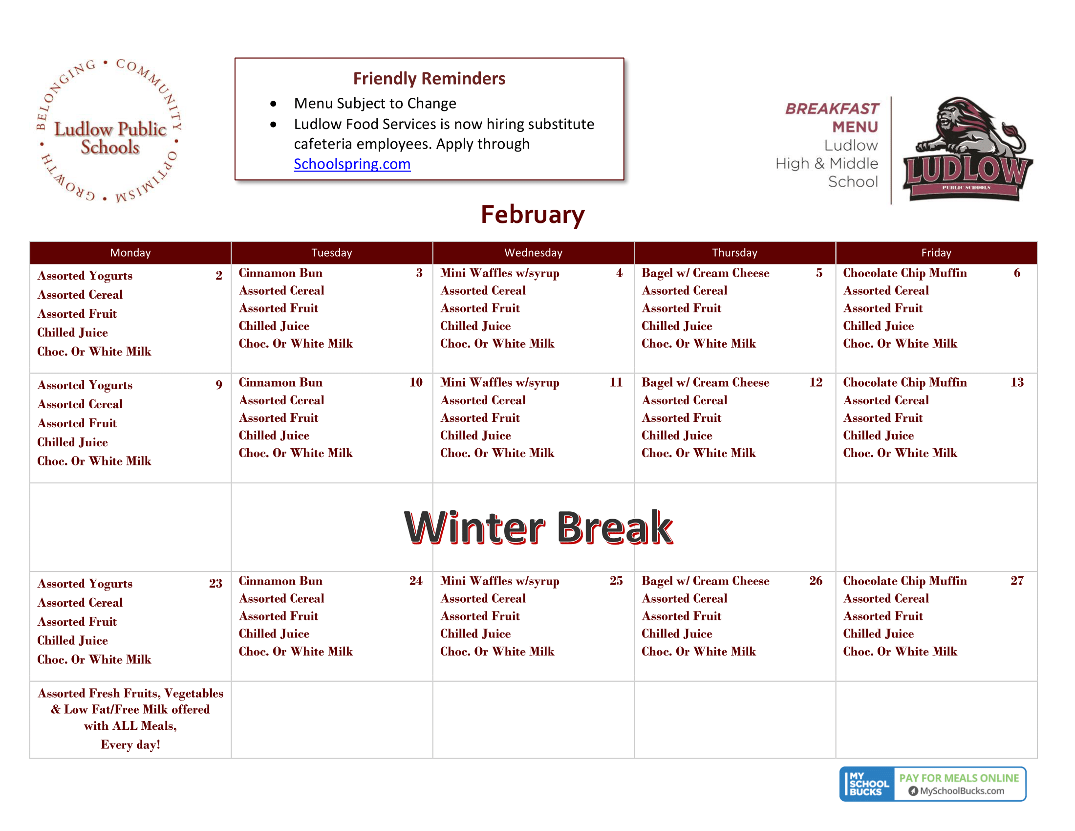 February 2026 Breakfast Menu